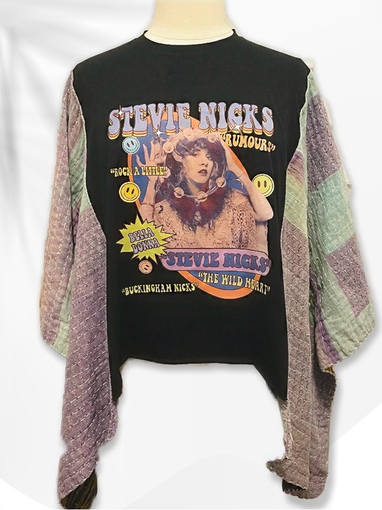 Tops - Custom Up-Cycle Stevie Nicks Graphic Pullover with Kantha Sleeves L-2X